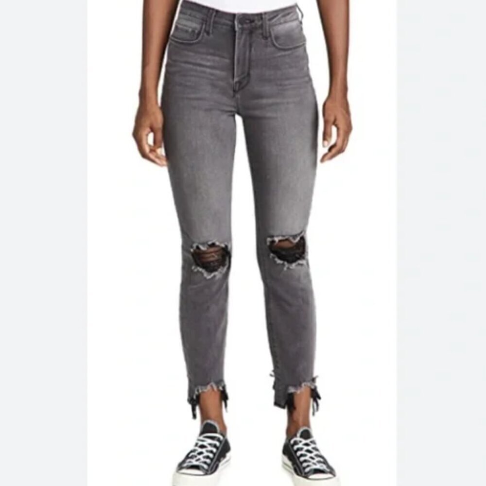LAGENCE High Waist Skinny Chewed Hem Skinny Jeans Faded Gray